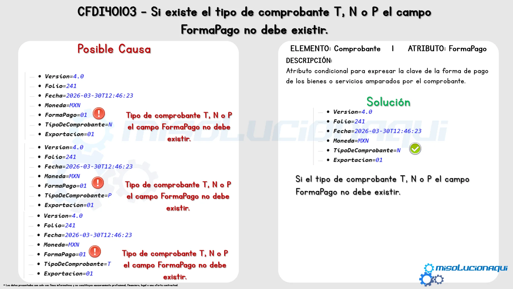 CFDI40103 - Si existe el tipo de comprobante T N o P el campo FormaPago no debe existir