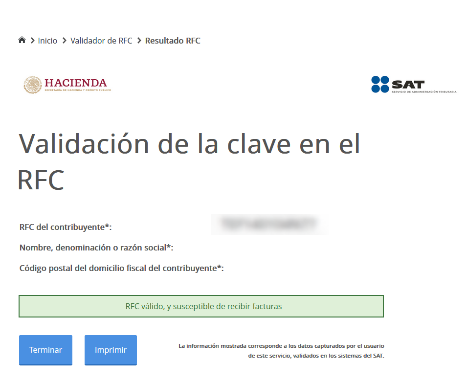 Resultado de la validación de un RFC individual