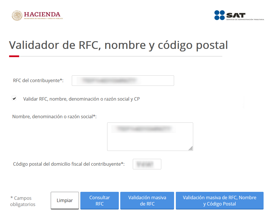 Validación de un RFC individual, nombre o razón social