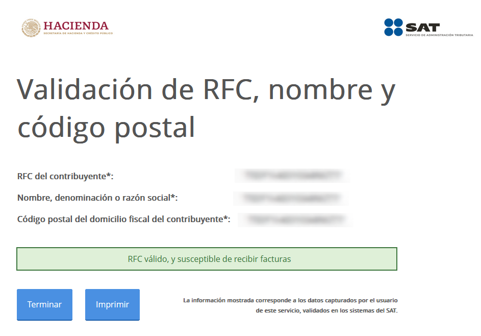 Resultado de la validación de un RFC individual, nombre o razón social