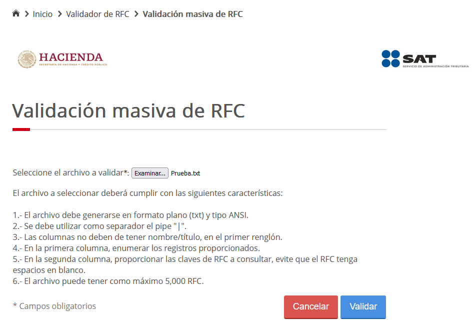 Pantalla de validación de RFCs de forma masiva