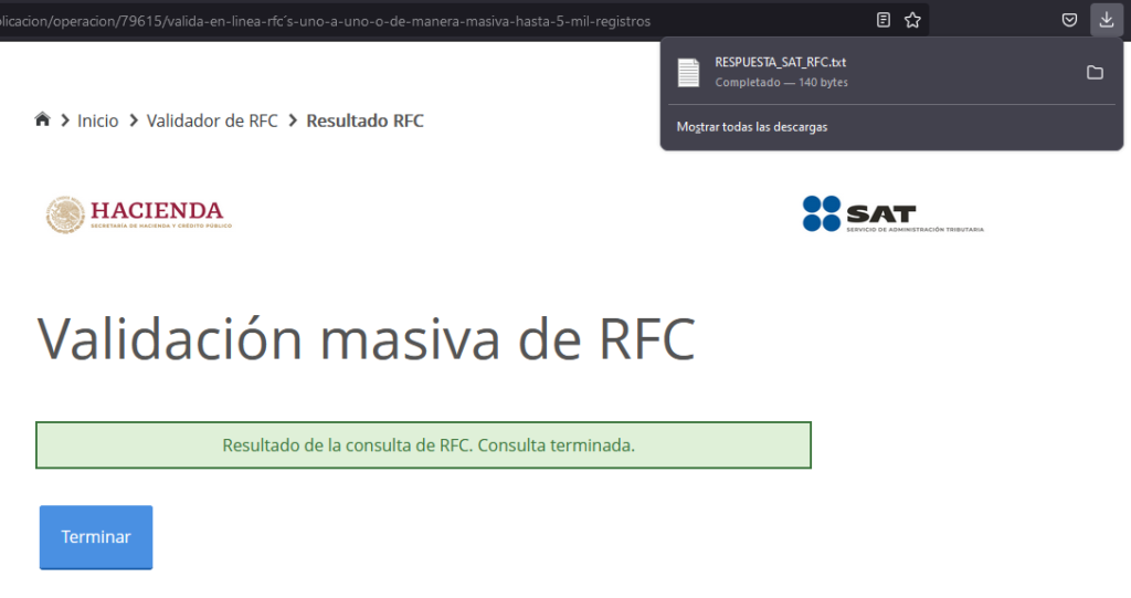 Pantalla de resultado de validación de RFCs de forma masiva